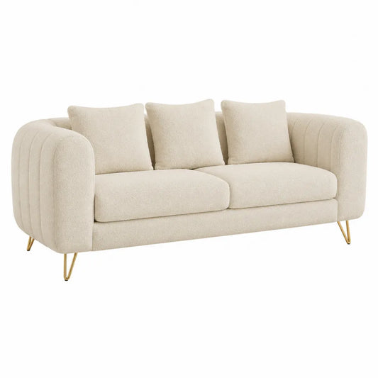 Trzyosobowa sofa z tkaniny bouclé, złote metalowe nogi