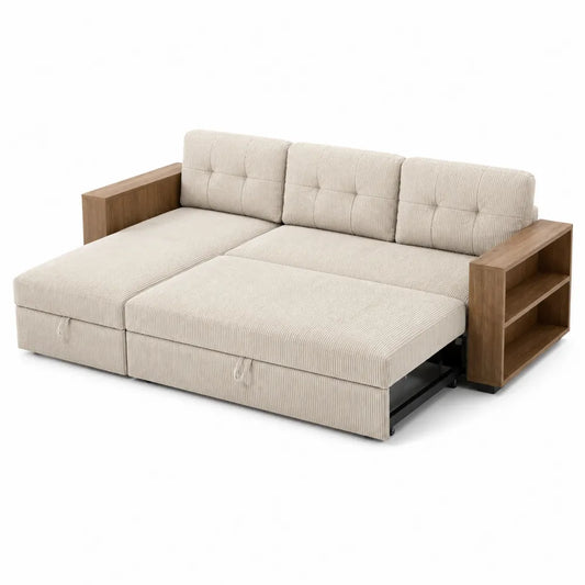 Rozkładana sofa z tkaniny sztruksowej i drewnianą półką 200x150 cm