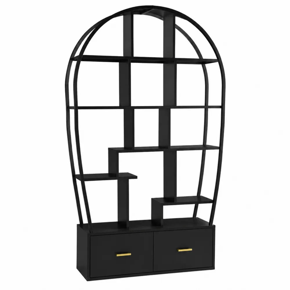 Regał półokrągły czarny metalowy z szufladami 200x100x35 cm