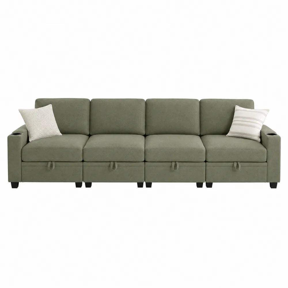 Sofa Modułowa 4-osobowa z Tkaniny Mikrofibry w Zielonym z Miejscem na Kubki