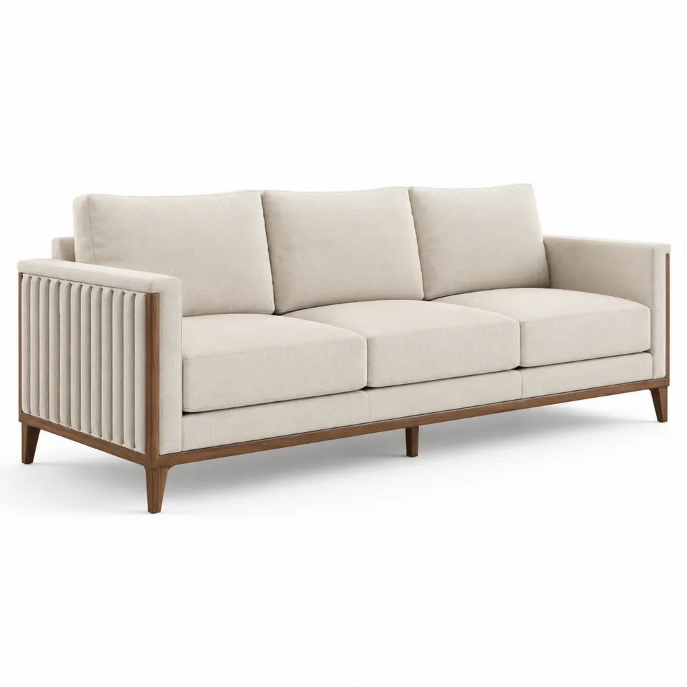 Beżowa sofa 3-osobowa z tkaniny i drewna bukowego